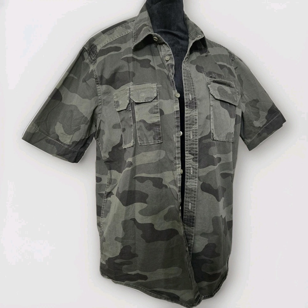 Sean John Men's Camo‎ Shirt Size L Green Short Sleeve 2-Top Pockets Utility